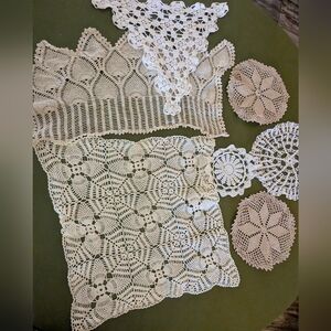 7pc Vintage Lot of Crocheted Doilies & Pieces Cream, Beige, White